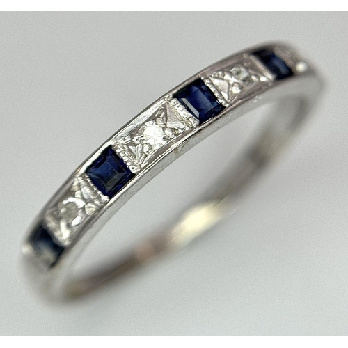 377 - A 18K WHITE GOLD DIAMOND & SAPPHIRE HALF ETERNITY RING 2.2G SIZE N 1/2. Ref: SC 7053