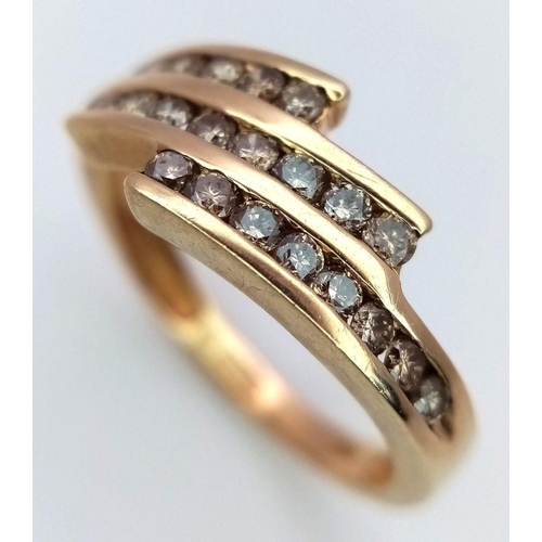 573 - A 9K YELLOW GOLD DIAMOND SET THREE ROW TWIST RING 0.15CT , 2.2G TOTAL WEIGHT, SIZE K 1/2. Ref: SC 70... 