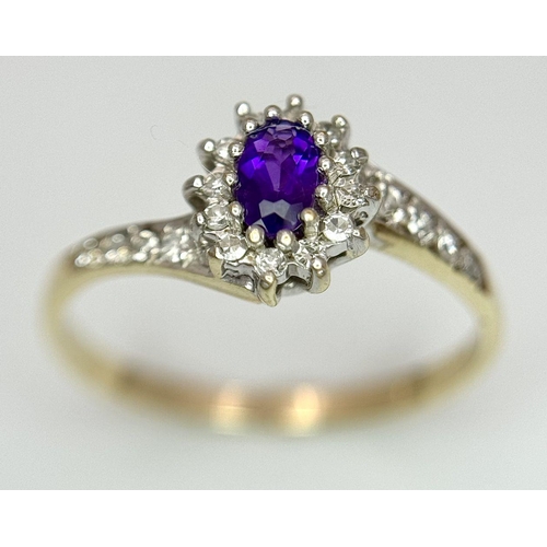 657 - A 9K YELLOW GOLD DIAMOND & AMETHYST TWIST RING 1.7G SIZE P. Ref: SC 7038