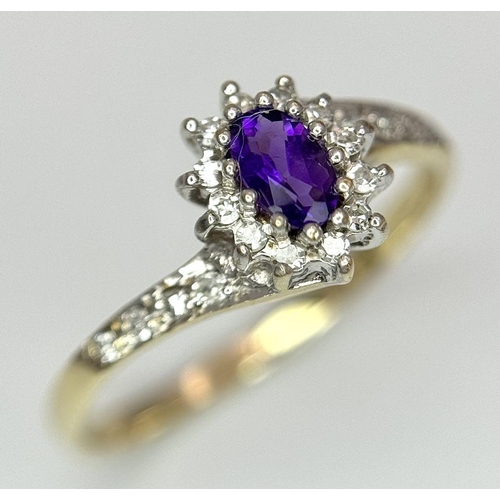 657 - A 9K YELLOW GOLD DIAMOND & AMETHYST TWIST RING 1.7G SIZE P. Ref: SC 7038