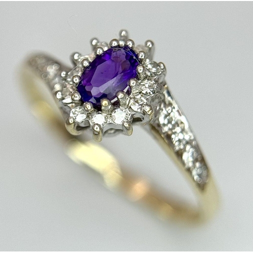 657 - A 9K YELLOW GOLD DIAMOND & AMETHYST TWIST RING 1.7G SIZE P. Ref: SC 7038