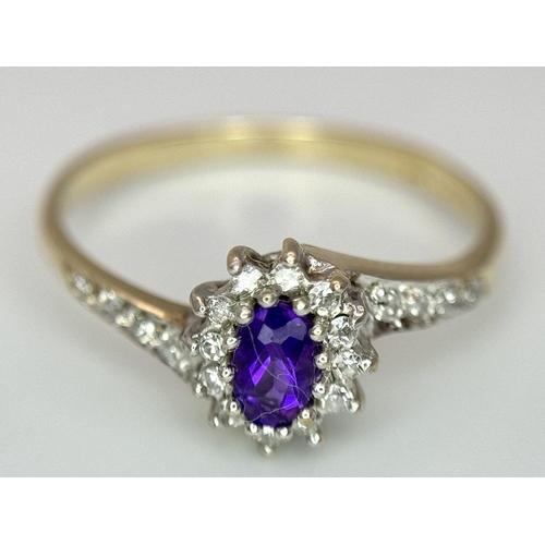 657 - A 9K YELLOW GOLD DIAMOND & AMETHYST TWIST RING 1.7G SIZE P. Ref: SC 7038