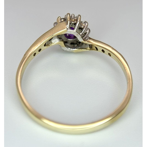 657 - A 9K YELLOW GOLD DIAMOND & AMETHYST TWIST RING 1.7G SIZE P. Ref: SC 7038