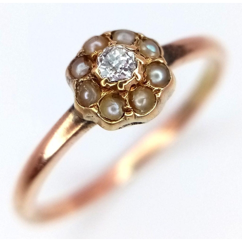 846 - A 9K YELLOW GOLD OLD CUT DIAMOND & SEED PEARL RING 1.4G SIZE L 1/2. Ref: SC 7046