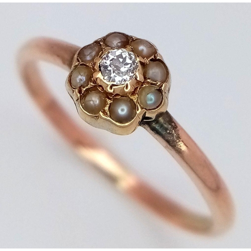 846 - A 9K YELLOW GOLD OLD CUT DIAMOND & SEED PEARL RING 1.4G SIZE L 1/2. Ref: SC 7046