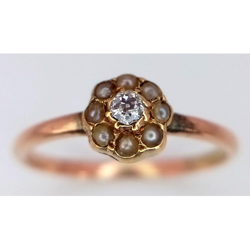 846 - A 9K YELLOW GOLD OLD CUT DIAMOND & SEED PEARL RING 1.4G SIZE L 1/2. Ref: SC 7046