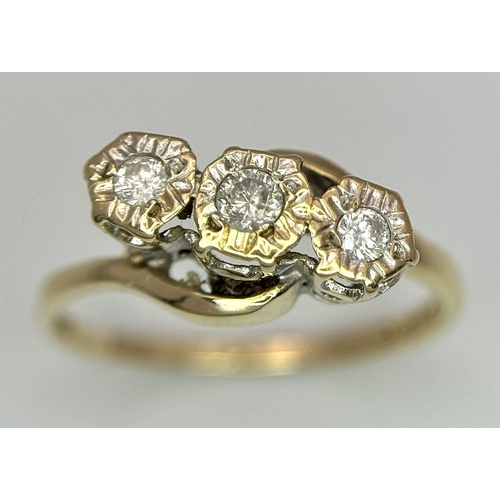 860 - A 9K YELLOW GOLD  DIAMOND TWIST RING 0.15CT , 1.8G TOTAL WEIGHT, SIZE N 1/2. Ref: SC 7019