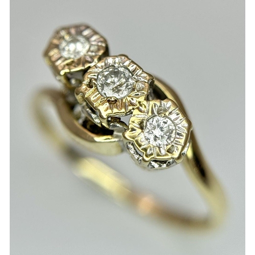 860 - A 9K YELLOW GOLD  DIAMOND TWIST RING 0.15CT , 1.8G TOTAL WEIGHT, SIZE N 1/2. Ref: SC 7019