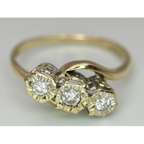 860 - A 9K YELLOW GOLD  DIAMOND TWIST RING 0.15CT , 1.8G TOTAL WEIGHT, SIZE N 1/2. Ref: SC 7019