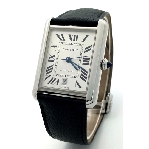 697 - A Must Cartier XL Gents Automatic Tank Watch. Black leather strap. Stainless steel case - 31mm width... 