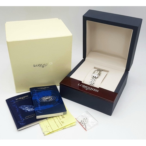 718 - A Longines Ladies Diamond Quartz Watch. Stainless steel bracelet and case - 16mm width. Diamond beze... 