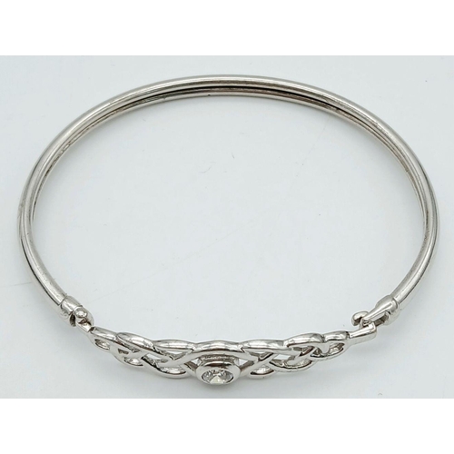 1561 - A Vintage Sterling Silver, Stone Set, Celtic Knot Design Bangle. 6cm Inner Width. Gross Weight 8.05 ... 