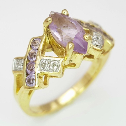 1526 - A Yellow Gold Gilt Sterling Silver Amethyst and Diamond Set Ring Size M. Set with a Centre 1cm Long ... 