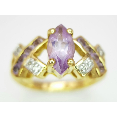 1526 - A Yellow Gold Gilt Sterling Silver Amethyst and Diamond Set Ring Size M. Set with a Centre 1cm Long ... 