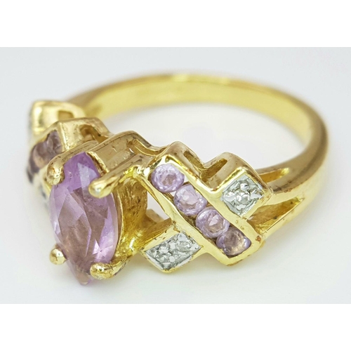 1526 - A Yellow Gold Gilt Sterling Silver Amethyst and Diamond Set Ring Size M. Set with a Centre 1cm Long ... 