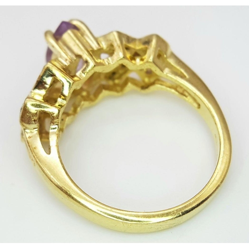 1526 - A Yellow Gold Gilt Sterling Silver Amethyst and Diamond Set Ring Size M. Set with a Centre 1cm Long ... 