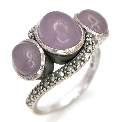 1964 - An Sterling Silver Amethyst and Stone Set Ring Size P. Set with Three Oval Cut Amethyst Cabochons. R... 