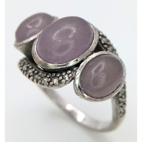 1964 - An Sterling Silver Amethyst and Stone Set Ring Size P. Set with Three Oval Cut Amethyst Cabochons. R... 