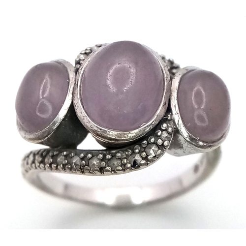 1964 - An Sterling Silver Amethyst and Stone Set Ring Size P. Set with Three Oval Cut Amethyst Cabochons. R... 