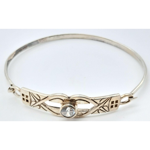 1757 - A Vintage Sterling Silver, Stone Set, Celtic Design (Rennie Mackintosh Style) Bangle. 6.4cm Inner Wi... 