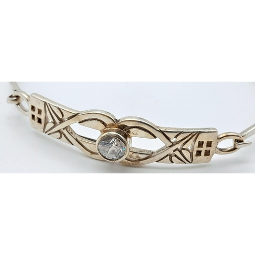 1757 - A Vintage Sterling Silver, Stone Set, Celtic Design (Rennie Mackintosh Style) Bangle. 6.4cm Inner Wi... 