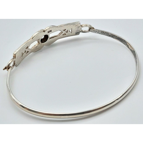 1757 - A Vintage Sterling Silver, Stone Set, Celtic Design (Rennie Mackintosh Style) Bangle. 6.4cm Inner Wi... 