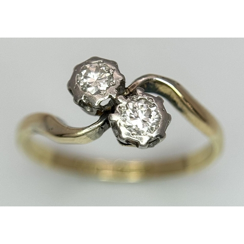 209 - A 18K YELLOW GOLD & PLATINUM VINTAGE 2 STONE OLD CUT DIAMOND TWIST RING 2.2G SIZE M 1/2. Ref: SC 706... 