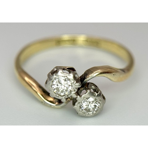 209 - A 18K YELLOW GOLD & PLATINUM VINTAGE 2 STONE OLD CUT DIAMOND TWIST RING 2.2G SIZE M 1/2. Ref: SC 706... 