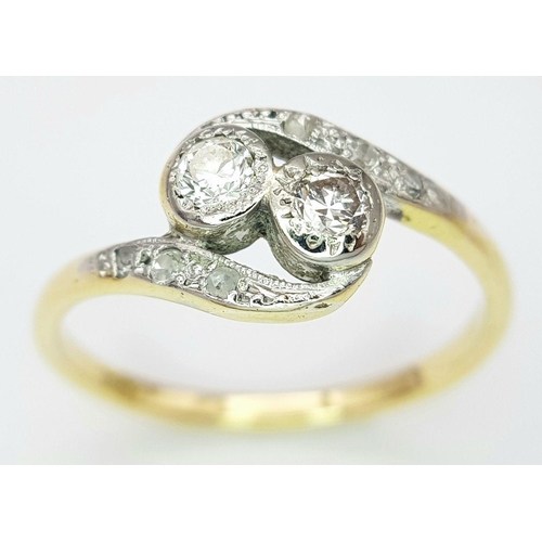 223 - A 18K YELLOW GOLD & PLATINUM VINTAGE 2 STONE OLD CUT DIAMOND TWIST RING 2.6G SIZE P. Ref: SC 7064