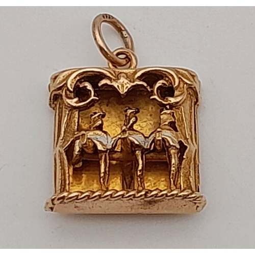 251 - A 9K YELLOW GOLD DANCING CAN CAN GIRLS CHARM,  BUTTON AT BACK MOVES TO MAKE THEIR LEGS KICK UP. 3.2G... 