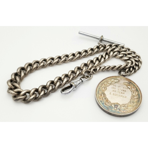 282 - An Antique Solid Silver 925 Watch Chain with Fob, 71.4 grams, 32cm.  In very good condition.