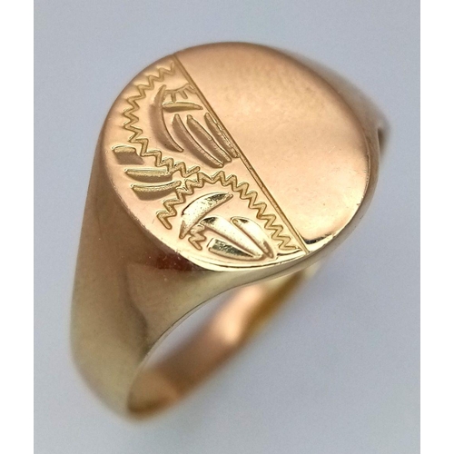 300 - A 9K YELLOW GOLD SIGNET RING 3.8G TOTAL WEIGHT , SIZE T. Ref: SC 7001