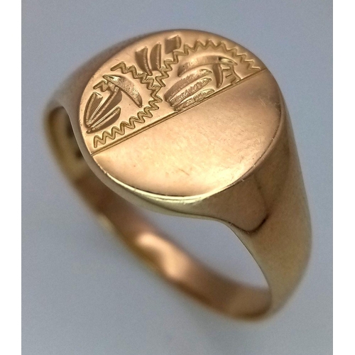 300 - A 9K YELLOW GOLD SIGNET RING 3.8G TOTAL WEIGHT , SIZE T. Ref: SC 7001