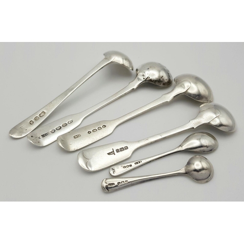 395 - Six Antique Solid Silver 925 Condiment Spoons, Total weight: 61.3 grams.