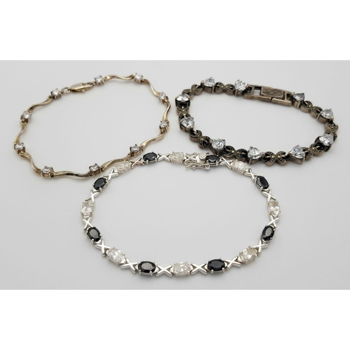 402 - Three Elegant Solid Silver 925 Bracelets, with Sparkling Cubic Zirconia Stones, Total weight: 32.6 g... 