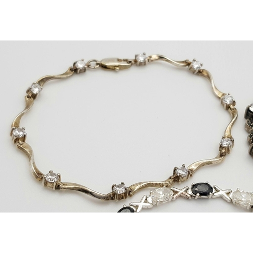 402 - Three Elegant Solid Silver 925 Bracelets, with Sparkling Cubic Zirconia Stones, Total weight: 32.6 g... 