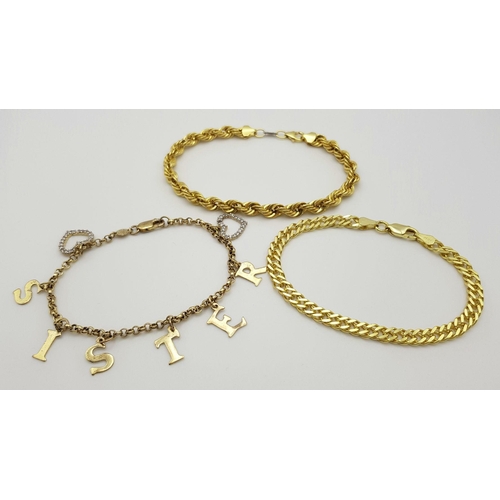 409 - Three Beautiful Solid Silver 925 Bracelets, Gold Plated, Total weight: 22.8 grams, All Approx. 20cm.... 