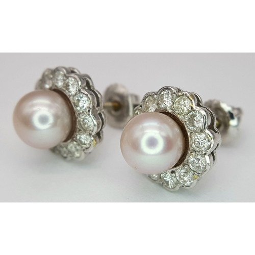 41 - A 18K WHITE GOLD DIAMOND & PEARL STUD EARRINGS WITH SCREW BACK FITTINGS 0.50CT 4.9G. Ref: SC 7070