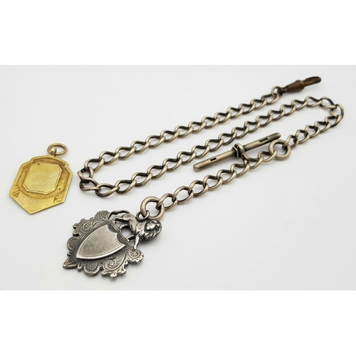 416 - An Antique Solid Silver 925 Watch Chain with Fob and One Extra Silver (gold tone) Fob, Total weight:... 