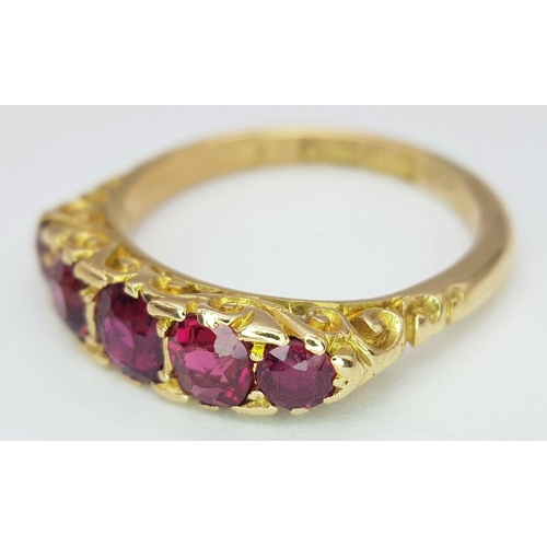 48 - A 18K YELLOW GOLD VINTAGE 5 STONE RUBY RING 4.9G SIZE P. Ref: SC 7061