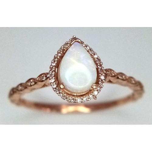 566 - A 9K ROSE GOLD DIAMOND & OPAL SET RING 1.7G TOTAL WEIGHT, SIZE R. Ref: SC 7029