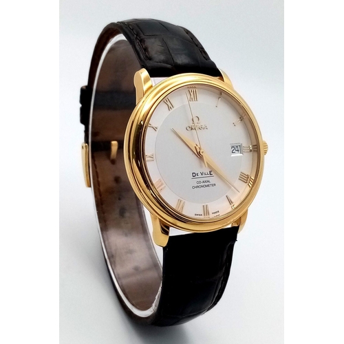 92 - An Omega Deville Prestige 18K Gold Cased Watch. Black leather strap with original gold buckle. 18k g... 