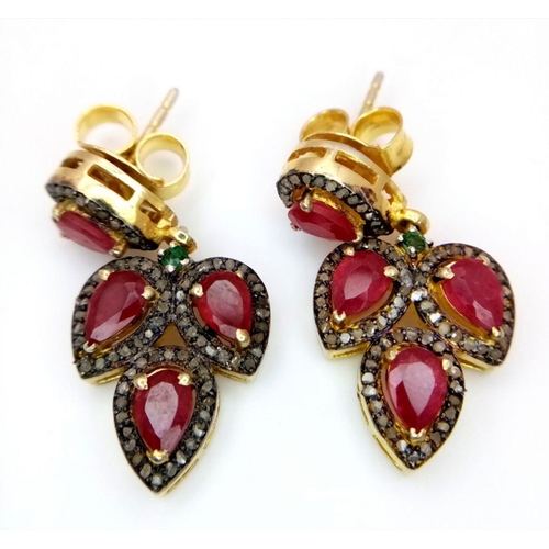 1498 - A Pair of 925 Silver Ruby and Diamond Earrings, in a three teardrop-shaped design. Featuring approxi... 