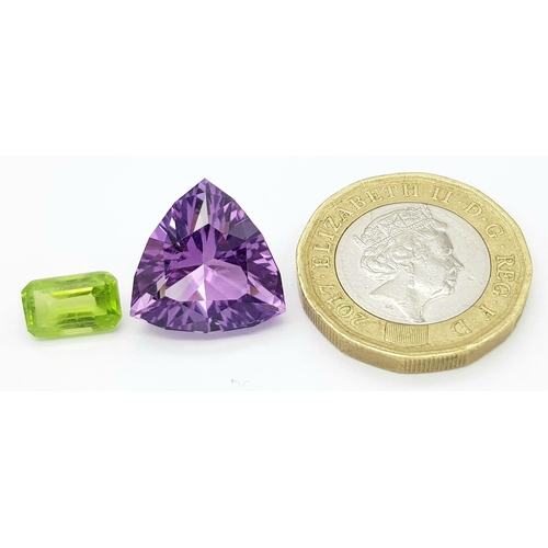 1989 - A Set of Two Gemstones. A 10.19ct Bolivian Amethyst - faceted trillion shape, brilliant and fancy cu... 