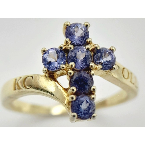 1961 - A Yellow Gold Gilt Sterling Silver Tanzanite Set Cross Ring Size M1/2. The Cross Measures 1.2cm Leng... 