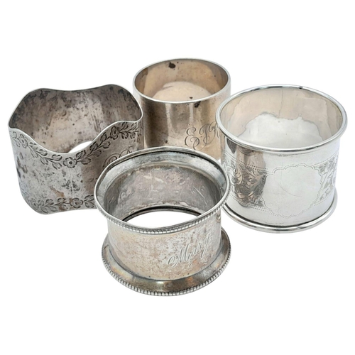 2204 - Four Different Style Vintage and Antique Sterling Silver Napkin Rings. 125g total weight.