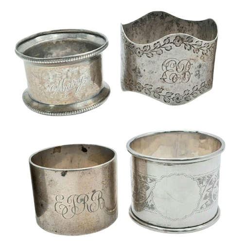 2204 - Four Different Style Vintage and Antique Sterling Silver Napkin Rings. 125g total weight.