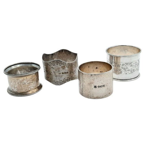 2204 - Four Different Style Vintage and Antique Sterling Silver Napkin Rings. 125g total weight.