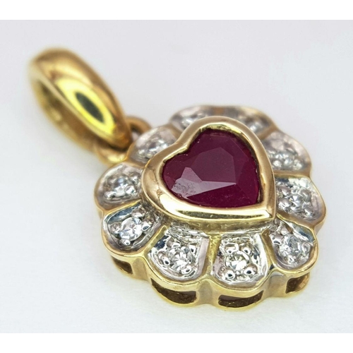 720 - A 9K YELLOW GOLD DIAMOND & RUBY HEART PENDANT 1G , 16MM X 10MM. Ref: SC 7031