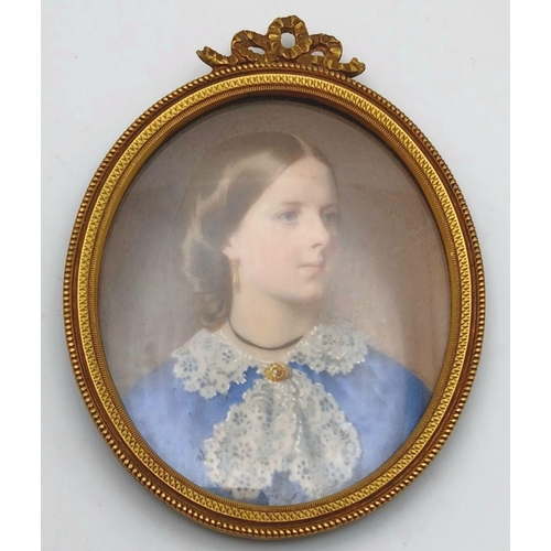 2077 - An Antique Victorian Miniature Hand-Painted Portrait of a Young Lady. Pinchbeck frame. 9cm x 7cm. Co... 